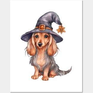 Watercolor Dachshund Dog in Witch Hat Posters and Art